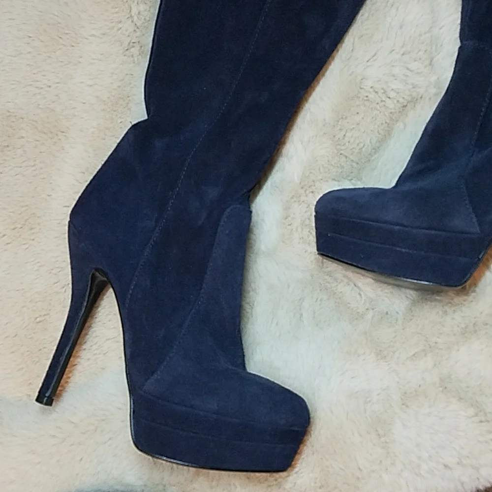 Primadonna Collection Platform Stiletto Thigh high OTK Boots Blue Suede ITALY